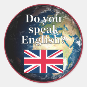 英語話では「英語は？」国旗と地球 ラウンドシール