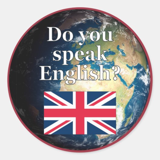 英語話では「英語は?」国旗と地球 ラウンドシール (正面)