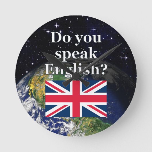 英語話では「英語は？」国旗と地球 ラウンド壁時計 (正面)