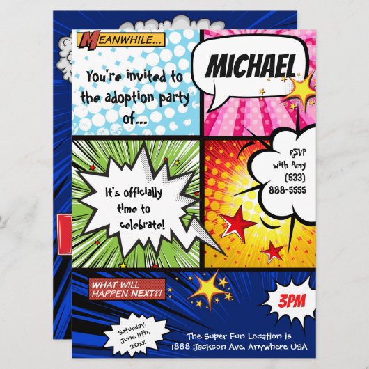 英雄の漫画本の採用のパーティー 招待状 (正面/裏面)