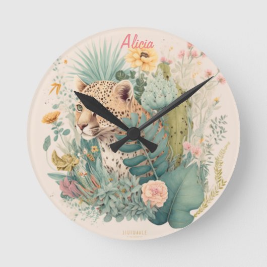 茂みのの後ろのヒョウカスタム ラウンド壁時計 (正面)