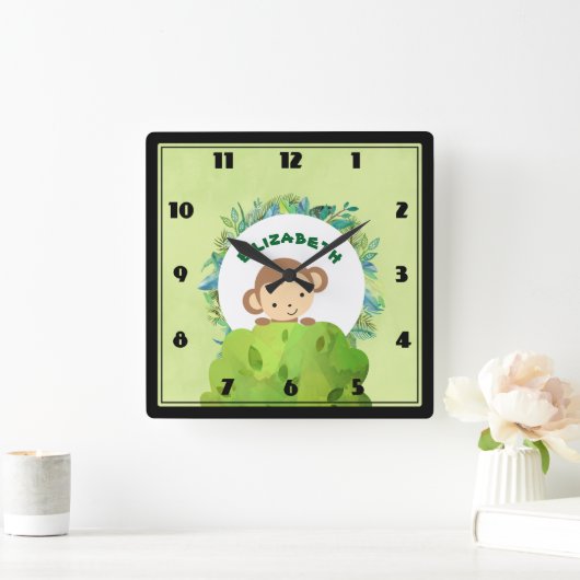 . .茂みの陰から覗き出す可愛いサル スクエア壁時計 (ホーム)