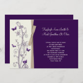 茄子の紫 タン アイボリー 花柄 蝶 招待状 (正面/裏面)