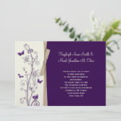 茄子の紫 タン アイボリー 花柄 蝶 招待状 (スタンド正面)