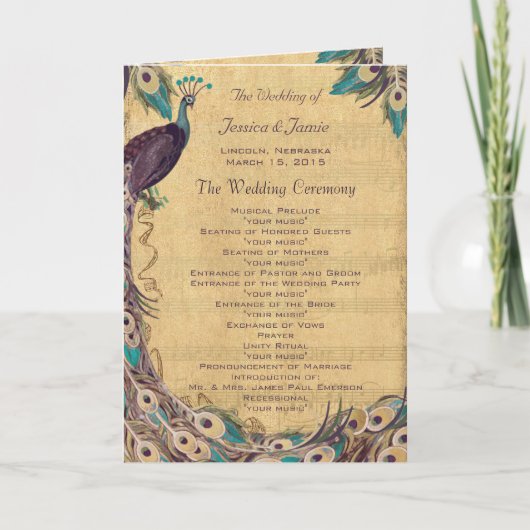 茄子アクアヴィンテージ孔雀の結婚式プログラム プログラム (正面)
