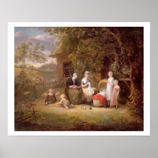 茅葺きコテージ前の家族グループ(缶上の油) ポスター (正面)