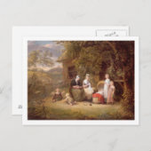 茅葺きコテージ前の家族グループ(缶上の油) ポストカード (正面/裏面)