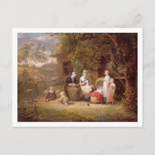 茅葺きコテージ前の家族グループ(缶上の油) ポストカード (正面)