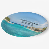 茅葺き小屋のある風光明媚な熱帯結婚ビーチ ペーパープレート (アングル)