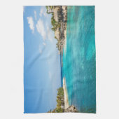 茅葺き小屋の写真と風光明媚な熱帯ビーチ キッチンタオル (縦)