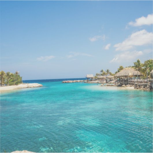 茅葺き小屋の写真と風光明媚な熱帯ビーチ シール (正面)