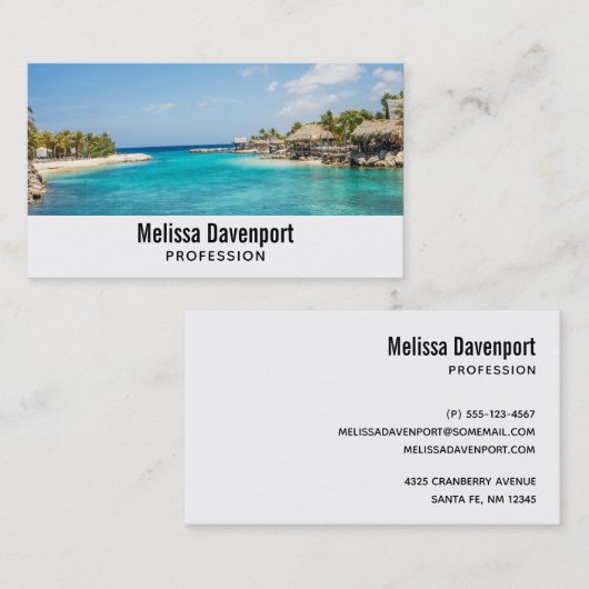 茅葺き小屋の写真と風光明媚な熱帯ビーチ 名刺 (正面/裏面)