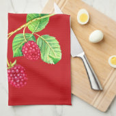 茎の上の美しい赤いラズベリー緑葉の キッチンタオル (四つ折り)