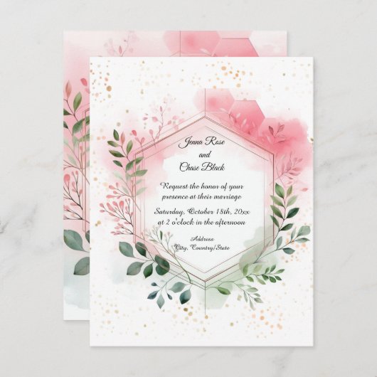 茎葉幾何学模様リース結婚式招待状 招待状 (正面/裏面)