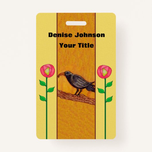 茎黄色に2つの抽象芸術赤い花を持つカラス バッジ (正面)