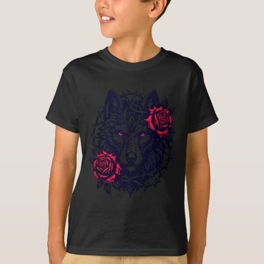 茨のバラに囲まれたオオカミの肖像画 Tシャツ (正面)