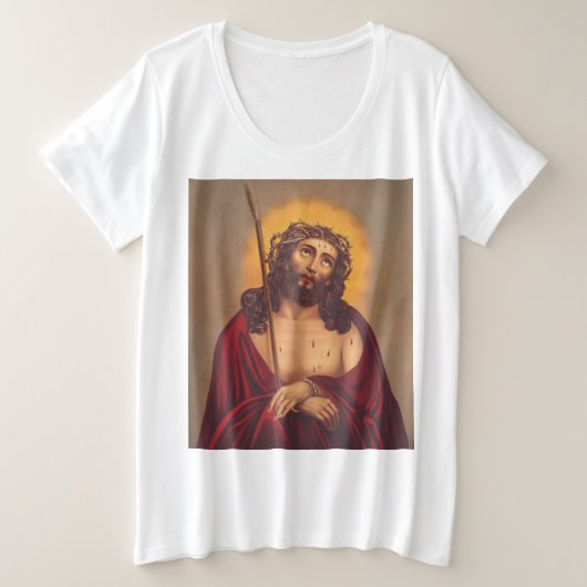 茨の冠を被せられるイエス・キリスト 苦しみの芸術 プラスサイズTシャツ (デザイン正面)