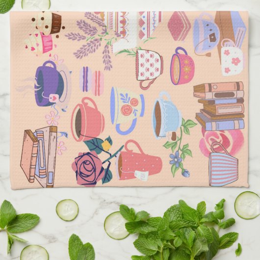 茶と本 キッチンタオル (折り畳み)