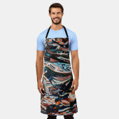 茶と青の積み重ねの木造船場 エプロン (着用した状態)