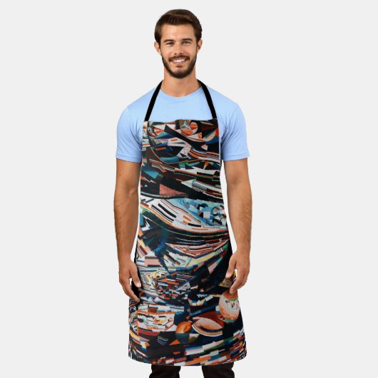 茶と青の積み重ねの木造船場 エプロン (着用した状態)