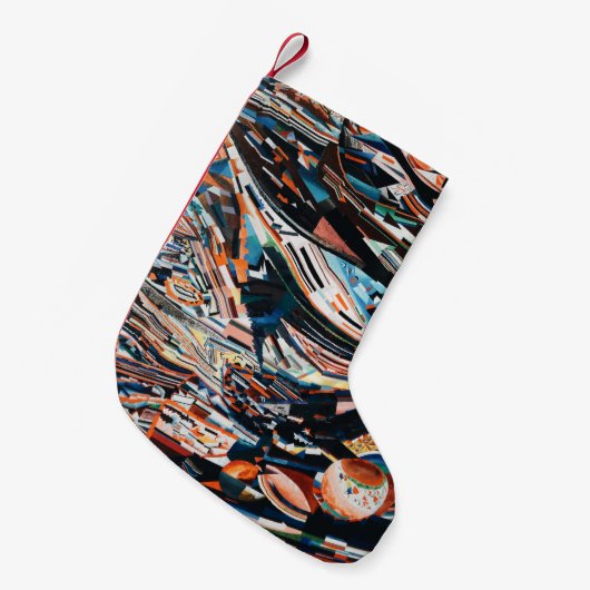 茶と青の積み重ねの木造船場 スモールクリスマスストッキング (正面 (吊り時))