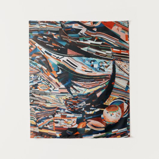 茶と青の積み重ねの木造船場 タペストリー (正面)