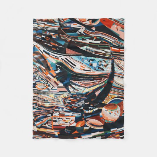 茶と青の積み重ねの木造船場 フリースブランケット (正面)