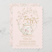 茶のためのワイルドフラワーピンクの時間ブライダルシャワーパーティー 招待状 (正面/裏面)