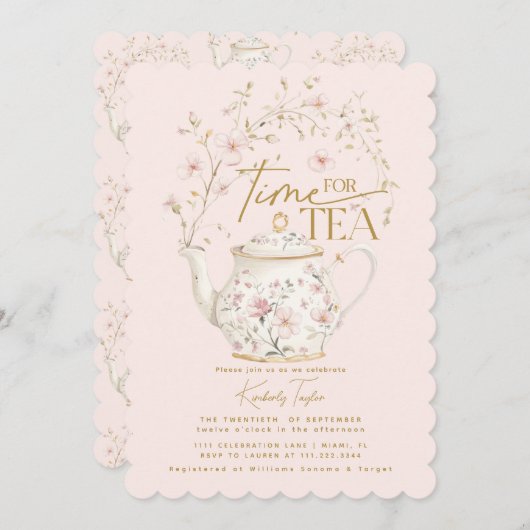 茶のためのワイルドフラワーピンクの時間ブライダルシャワーパーティー 招待状 (正面/裏面)