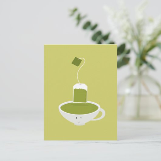茶のバッグと緑茶の笑顔 ポストカード (スタンド正面)