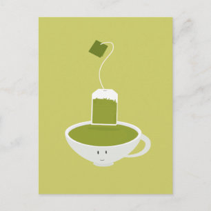茶のバッグと緑茶の笑顔 ポストカード