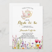 茶のブライダルシャワーの水彩ワイルドフラワー時間 招待状 (正面/裏面)