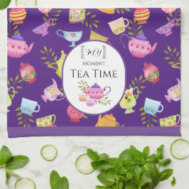 茶のポットとカップ紫 キッチンタオル