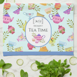 茶のポットとカップ青 キッチンタオル