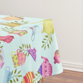 茶のポットとカップ青 テーブルクロス