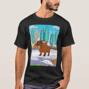 茶の準備ができて雪のフィールドに立っている茶色のヤク Tシャツ