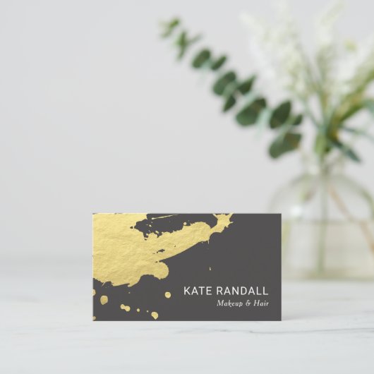 茶はっきりしたモダン色金ゴールド絵を描(ばちゃばちゃ)跳ねる 名刺 (スタンド正面)