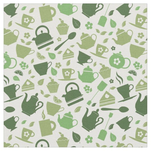 茶をテーマにした緑のパターン ファブリック (クローズアップ)