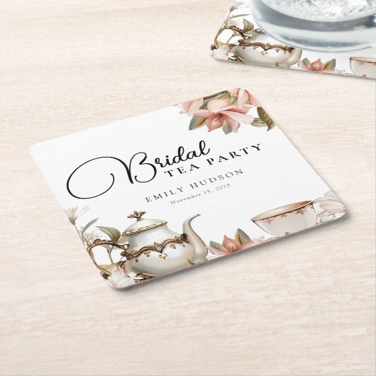 茶エレガントパーティーブライダルシャワー スクエアペーパーコースター (アングル)