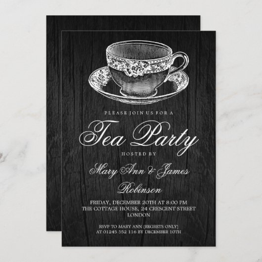 茶エレガントパーティーヴィンテージTea Cup 招待状 (正面/裏面)