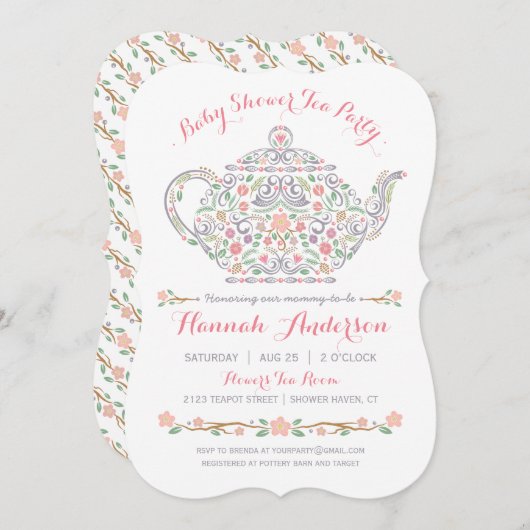 茶エレガントパーティー女の子の赤ちゃんシャワー・ Teapot 招待状 (正面/裏面)
