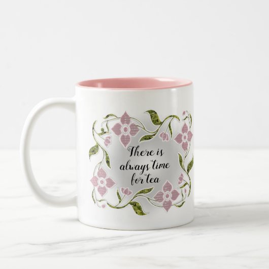 茶エレガントフェミニン時ピンクの花とつる植物 ツートーンマグカップ (左)