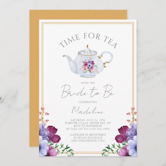 茶エレガントフローラブライダルシャワー 招待状 (正面/裏面)