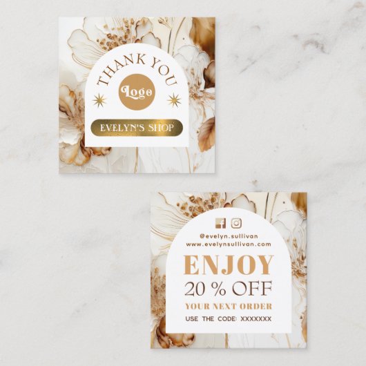 茶エレガント花割引カード スクエア名刺 (正面/裏面)