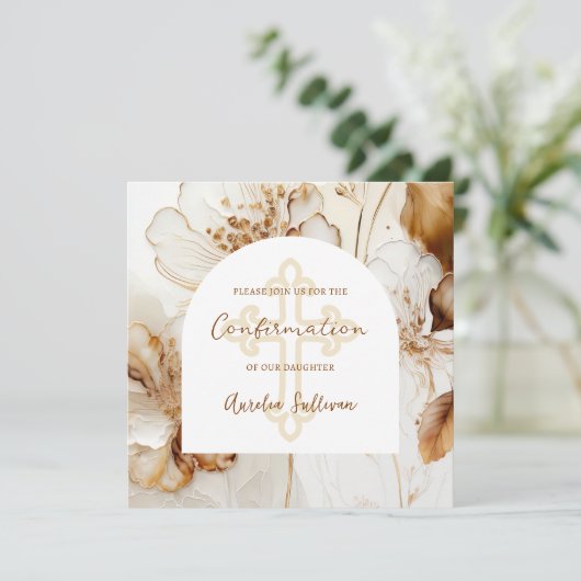 茶エレガント花確認招待状 招待状 (スタンド正面)