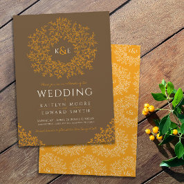 茶オレンジ色の手描き葉のモノグラムアートウェディング 招待状