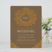 茶オレンジ色の手描き葉のモノグラムアートウェディング 招待状 (スタンド正面)