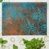 茶グランジ色の青フローラ装飾 キッチンタオル (折り畳み)