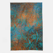 茶グランジ色の青フローラ装飾 キッチンタオル (縦)