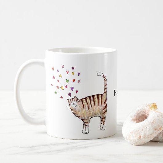 茶トラ猫とハートのカスタムネーム コーヒーマグカップ (ドーナツ)